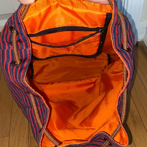 BENRUS Scout Backpack Large Red Blue Striped Leather Straps School Travel 19" - Picture 6 of 12